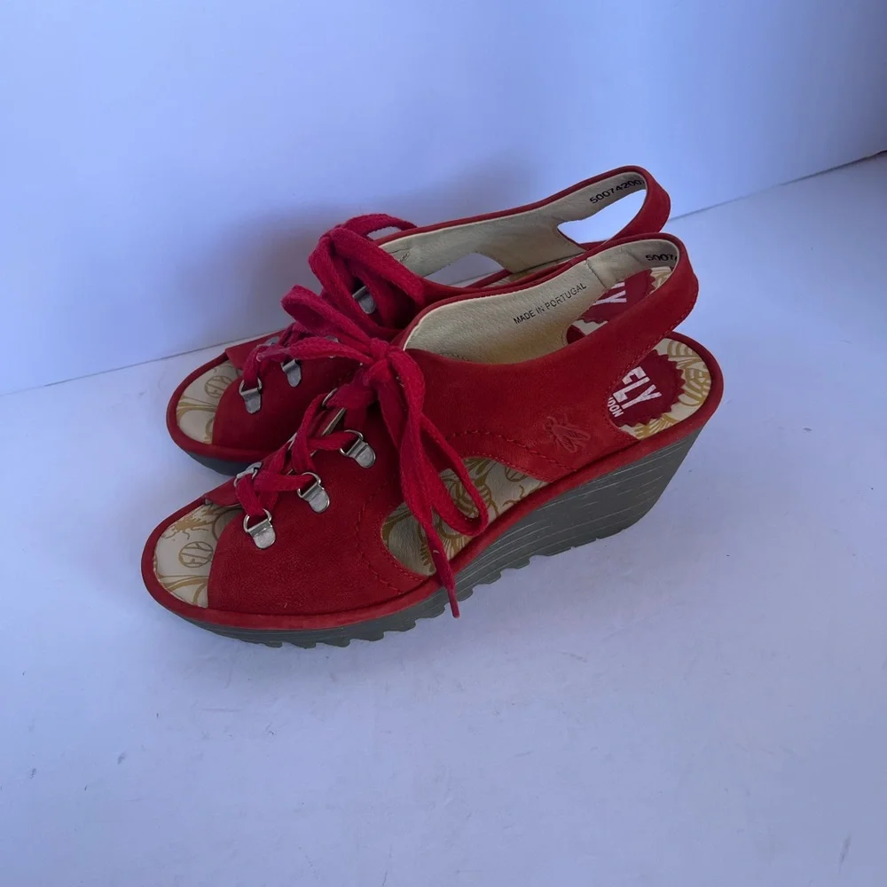 Fly London Red Suede Lace-Up Wedge Sandals